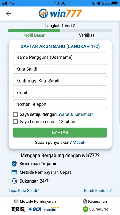 Tampilan halaman daftar win777